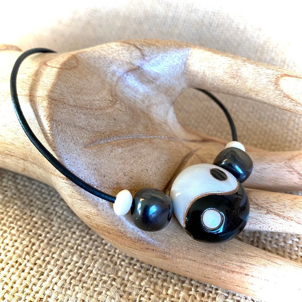 Shungite Necklace w/Yin Yang Stoneware Lentil Bead & White Wood Bead